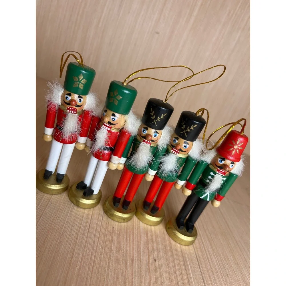 Vintage Wooden Nutcracker Soldier Christmas Ornament Set Red Green 5pc